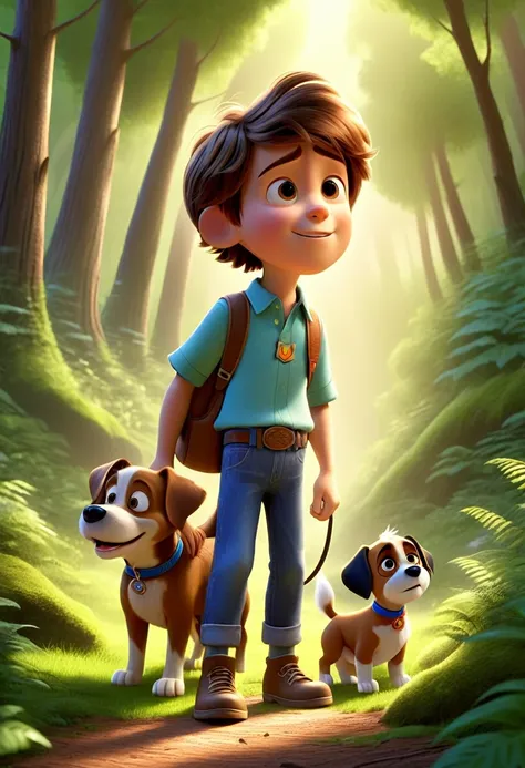 Disney pixar boy with brown hair with a dog in the forest.