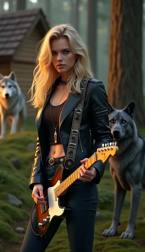 "(Lisa Virtea, blonde, playing a guitar with her back to the camera:0.85) (hyper-realistic rockstar in black leather jacket and jeans:0.9) (misty Nordic forest with soft fog and a large gray wolf nearby:0.9) (wooden cabin in the background, adding rustic c...