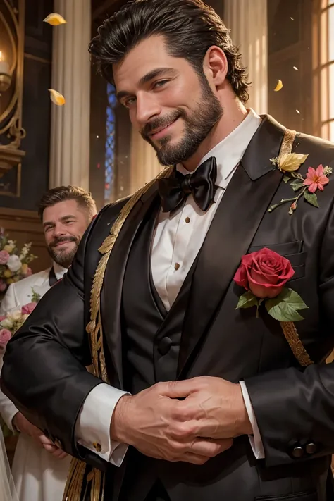  Awarded Original Photo，2 Man , Wild muscle man, (40 years old), beard, Strong, Macho, jacket, smile happily, wedding, (Tuxedo), Embrace, detailed, Fascinating, face close-up, Flowers, from the side