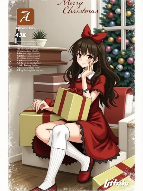 1girl, solo focus, ta fashion, long hair, looking at viewer, brown hair hair, dress, bow, holding, jewelry, sitting, hair bow, shoes, socks, indoors, black footwear, black eyes, red bow, bracelet, kneehighs, red dress, white socks, box, christmas, gift, re...