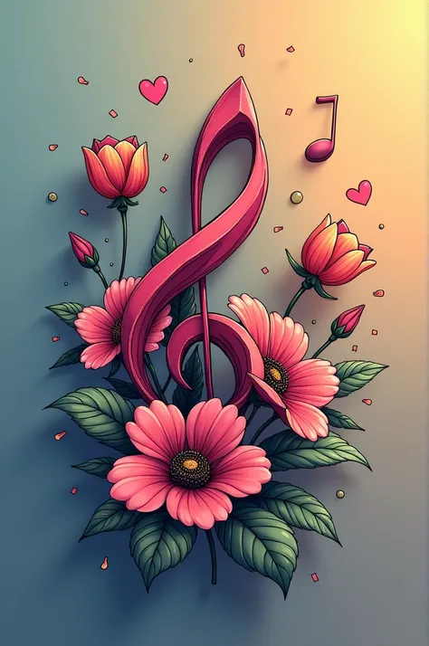 create a simple logo that has musical notes and flowers, 黒と白