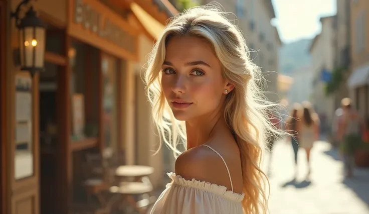 a blonde girl, age 25, in front of a boulangerie in a square in Provence. Filtro Foggy, David Hamilton Style.