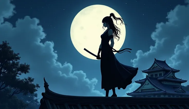 A woman in a black ninja suit standing on the roof of Edo Castle in the moonlight, Ukiyo-e style