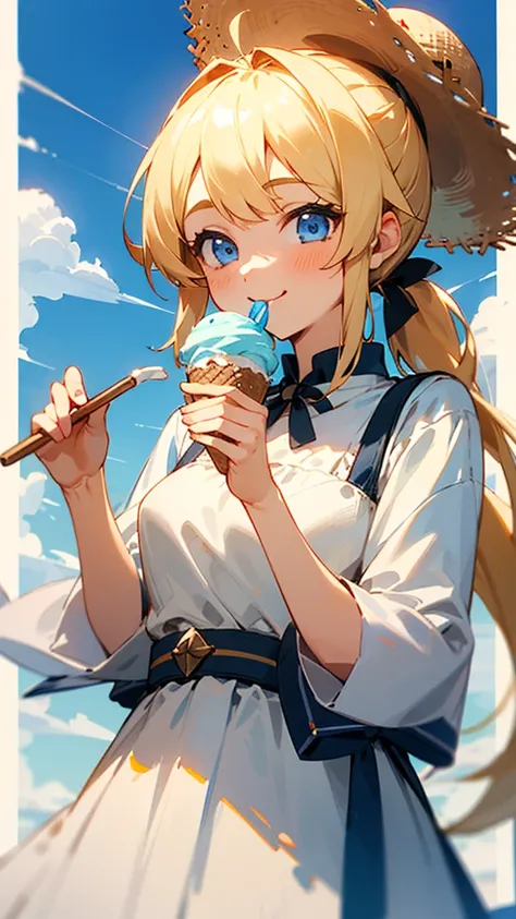  High Resolution ,  1 girl,  blonde perm ponytail 、blue eyes、Straw hat、Summer white dress、Im eating a big ice cream。Smiling girl。