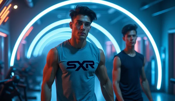 In this picture, two 17-year-old handsome models walk around in a space-style gym, the mysterious atmosphere, the walls and ceiling arched with glowing lights, he wears a sleeveless gray T-shirt. The SXR brand shines in front. The surrounding landscape has...