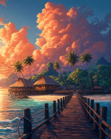 a painting of a pier leading to a tropical island with palm trees, beautiful art uhd 4 k, detailed painting 4 k, 4k highly detailed digital art, anime art wallpaper 4 k, anime art wallpaper 4k, stunning art style, scenery artwork, beautiful anime scenery, ...