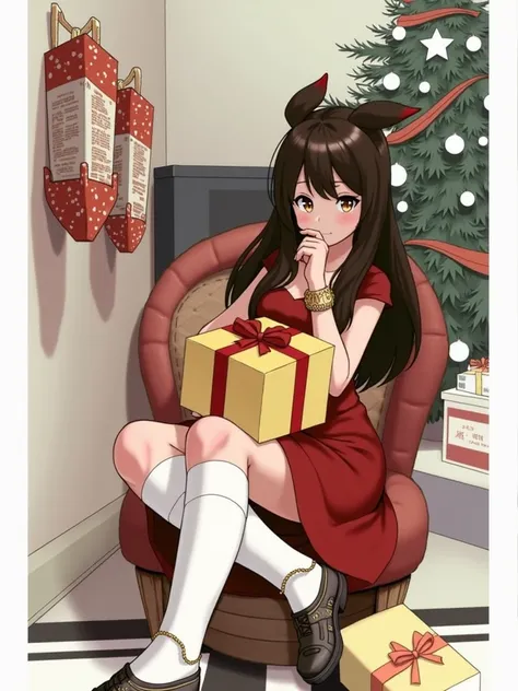 1girl, solo focus, ta fashion, long hair, looking at viewer, brown hair hair, dress, bow, holding, jewelry, sitting, hair bow, shoes, socks, indoors, black footwear, black eyes, red bow, bracelet, kneehighs, red dress, white socks, box, christmas, gift, re...