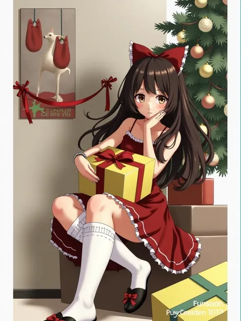 1girl, solo focus, ta fashion, long hair, looking at viewer, brown hair hair, dress, bow, holding, jewelry, sitting, hair bow, shoes, socks, indoors, black footwear, black eyes, red bow, bracelet, kneehighs, red dress, white socks, box, christmas, gift, re...