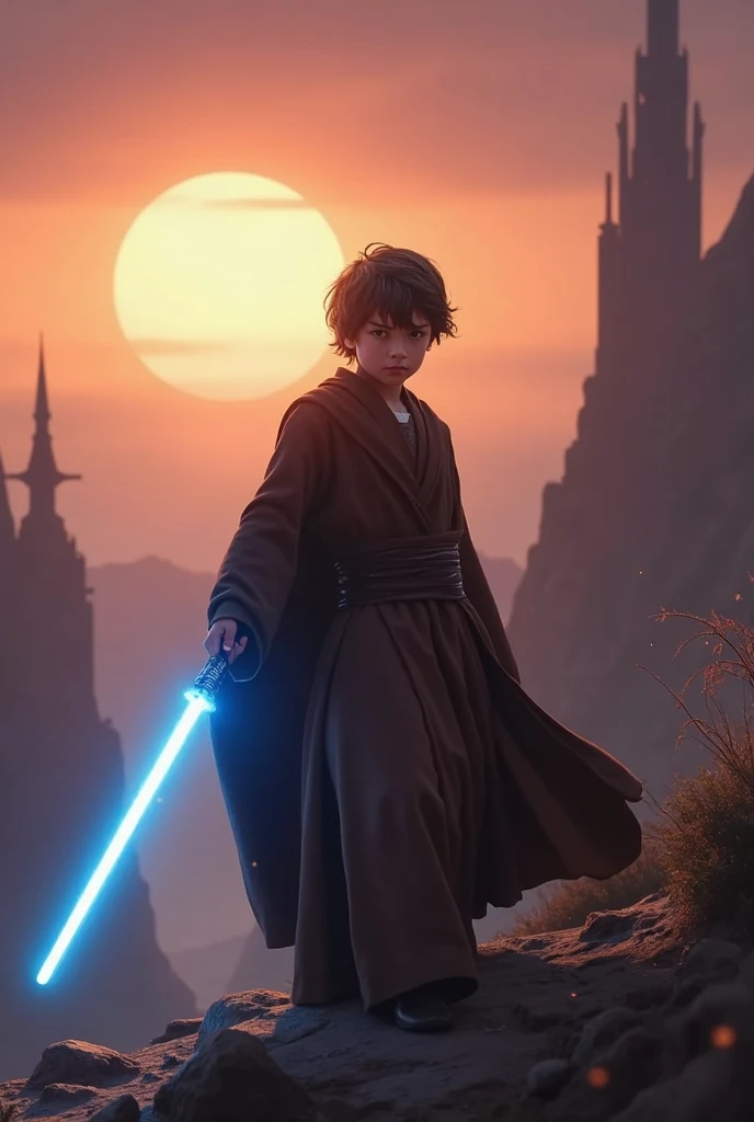 Ultra-realistic, 息を呑むような若いJediの画像, Captures the world of Star Wars. Jedi,  a symbol of gentle strength and determination ,  holding a bright blue lightsaber lit up , The glow is soft, The mysterious light on his face. His Robe, A mix of earthy brown and de...