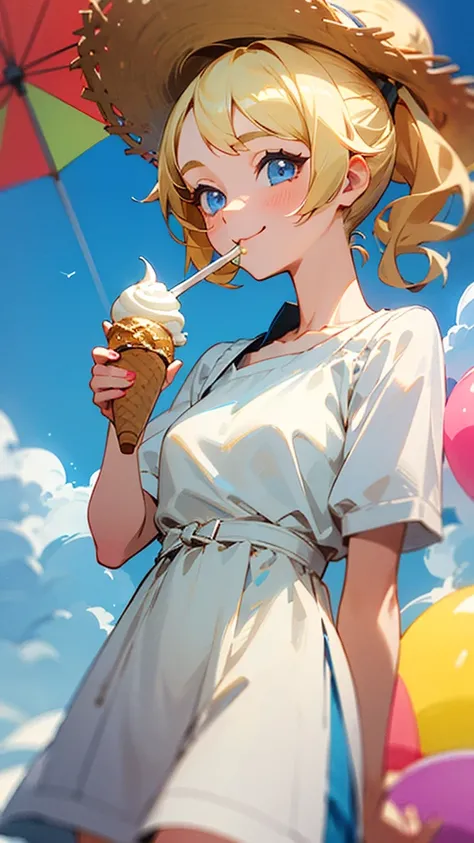  High Resolution ,  1 girl,  blonde perm ponytail 、blue eyes、Straw hat、Summer white dress、Im eating a big ice cream。Smiling girl。colorful ice cream、POP Art