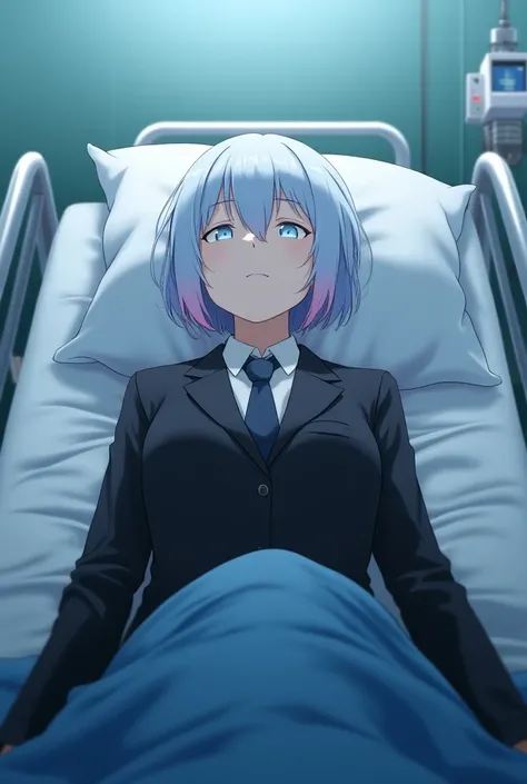  Screenshot Boku no hero Academia.Light-skinned blue-eyed girl with short light blue hair with pink tips in casual black suit injured in hospital with eyes closed 