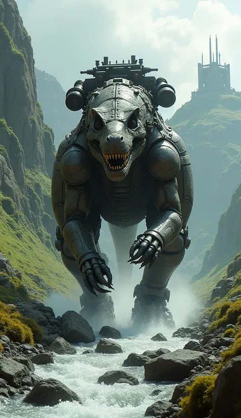  Photo of a giant dinosaur robot with a machine gun on its back.. is running down a river on the edge of a rock hill ..
Running towards an ancient building on a hill ..
 Set in a valley full of rocks and moss ..