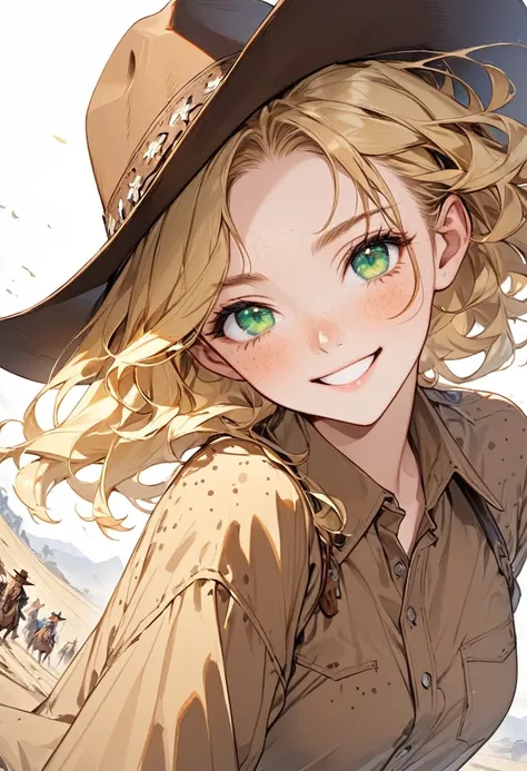 Cowgirl、blonde wave long 、Green Eyes、Fearless Smile、Angle from the front、Cowboy hat、Freckles、 brown western shirt、Foreigners、White