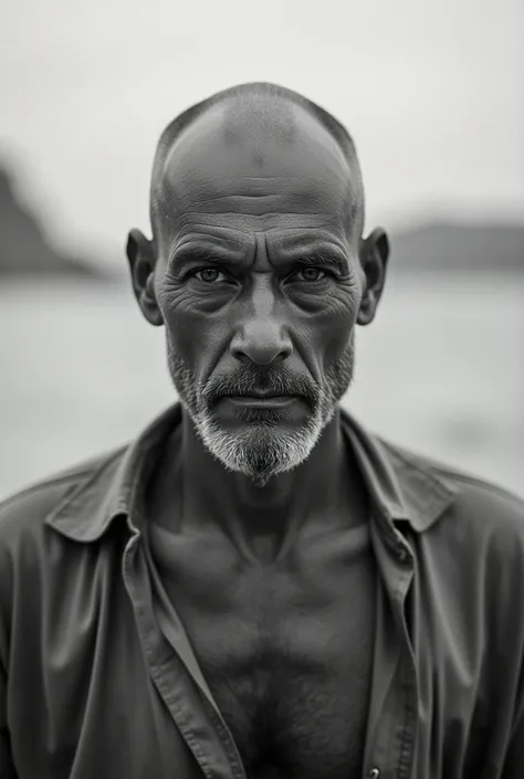 (grain effect), (old photo style), ((black and white)), (blur background), A serious and bald rustic man in beach clothes. Brazil Twentieth Century , face portrait