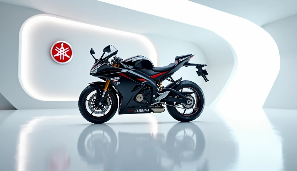 captivating image of a [Yamaha R3) taking a center stage in a luxurious white showroom.The futuristic, vibrant (black)exterior gleams , showcasing its sleek aerodynamic design and bold accents ,the words Yamaha 3d  logo written on wall 