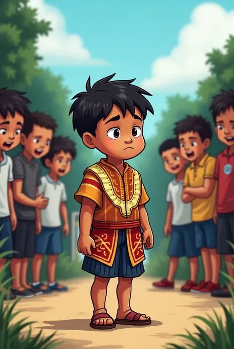 Landscape cartonized image of a young  sad boy wearing bahag  traditional indigenous attire of ifugao at school gate with other students at at school background laughing hard and teasing on hin