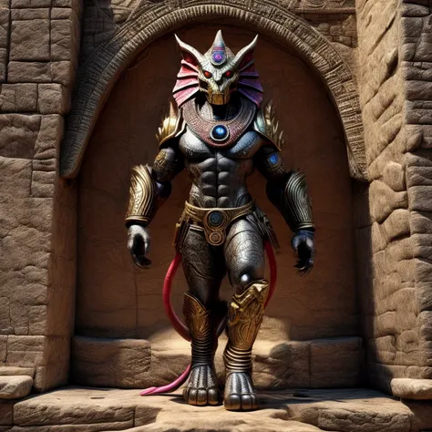 3D renderings, full-body images, toys, plastic models, one action figure kit, fusion of ancient relics, vivid colors, evil gods, demon monsters, powered suits, holding flaming swords, walking upright on two legs, sphinx heads, sunshade clay figurine head d...