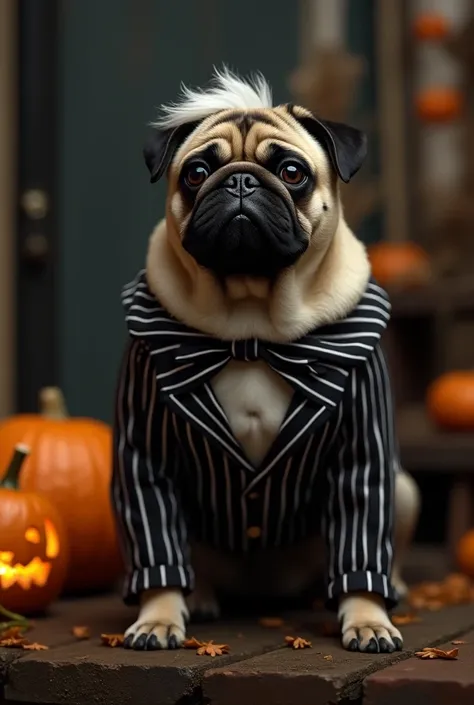 Pug dog disguised as Jack Skellington on Halloween 