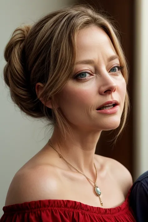 best quality, masterpiece, realistic, photo-realistic, high resolution photograph of a woman, hetero, couple, 1girl, (a Hollywood actress, Jodie Foster), [open mouth], solo focus, pov, looking at viewer, off shoulder dress, collarbone, detailed face, detai...