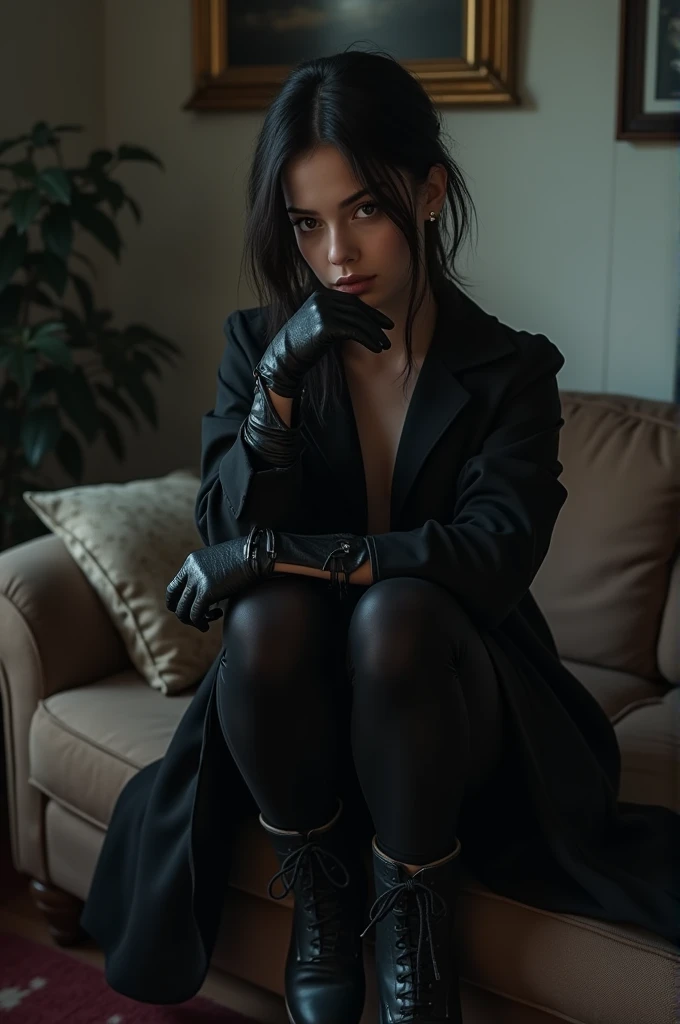 Teenage young girl in black coat and leather gloves and leather boots in living room 