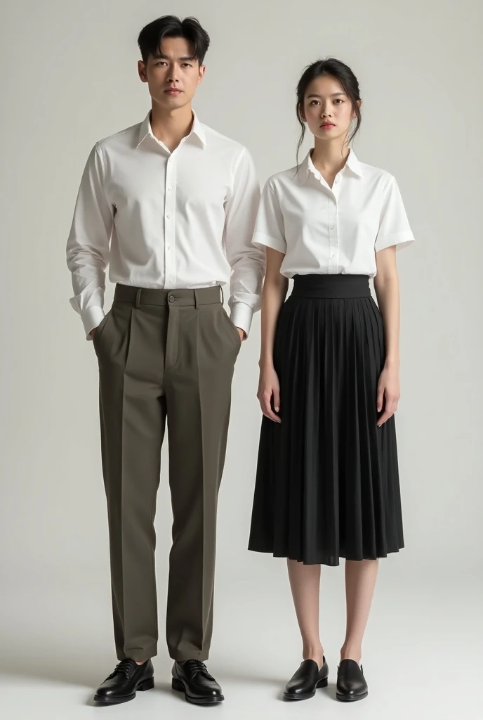  Want to create a weak uniform for men and women  .  Mens European pants shirt ,  with outerwear  .  Well then white student shirt  .  Mezzanine with waist with pleated skirt and accessories. Dark color 