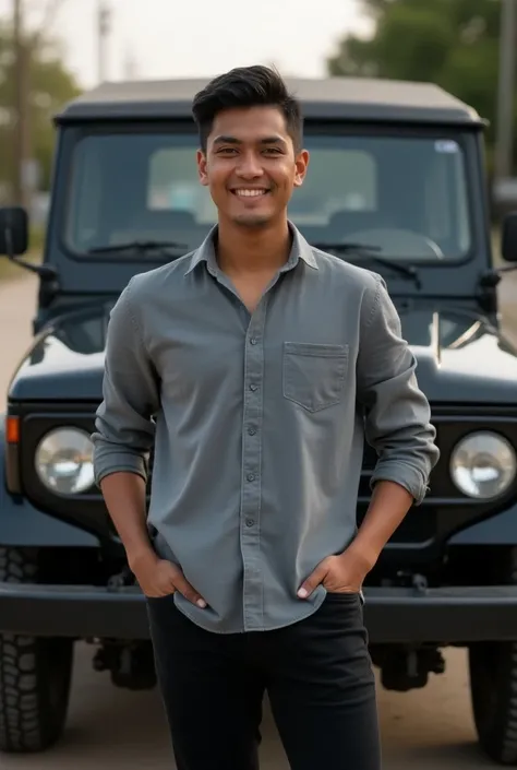 24 year old young man, Guatemalan, dark skin,  smiling with short black hair , wearing a gray long sleeve shirt ,  with black dress pants 172 centimeters high,  in front of a 1989 Land Crushen van in black color . 
