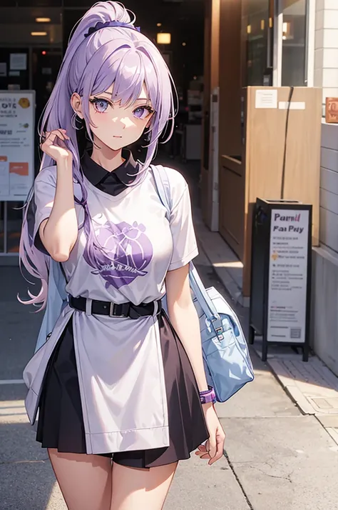 A tall teenage girl with ponytail hair, light purple hair, wearing casual clothes, Face turned to the side 