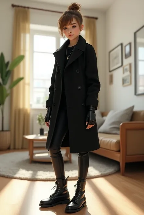 Teenage young girl in black coat and leather gloves and leather boots in bright living room 