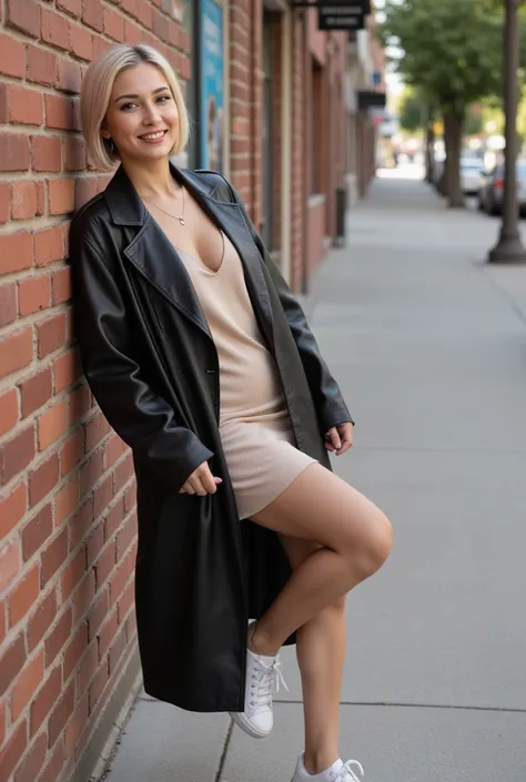 Beautiful young woman leaning against a wall in an urban street setting.
Subject:
Mid-20s, fit and slender build
short, platinum Sleek Butterfly Bob hair
Natural makeup, subtle smokey eye
Friendly, relaxed smile

Outfit (casual):
Oversized long black leath...