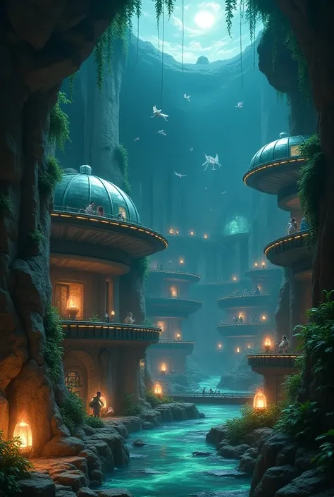 A futuristic and mythical underground city inhabited by elves and mystical creatures. The city features dome-shaped glass and metal buildings, with some built into the rock walls. Floating walkways and transparent tubes for elevators connect the structures...