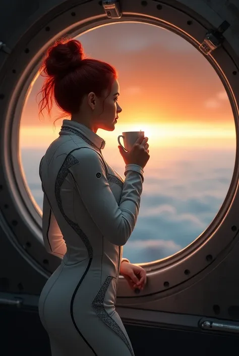 a realistic woman, view from behind at an angle ,35 years old,  redheaded girl with her hair tied in a bun, big breasted,dressed in a white space-design jumpsuit ,watching the sunrise from the window of a spaceship in Earth orbit while sipping a steaming c...