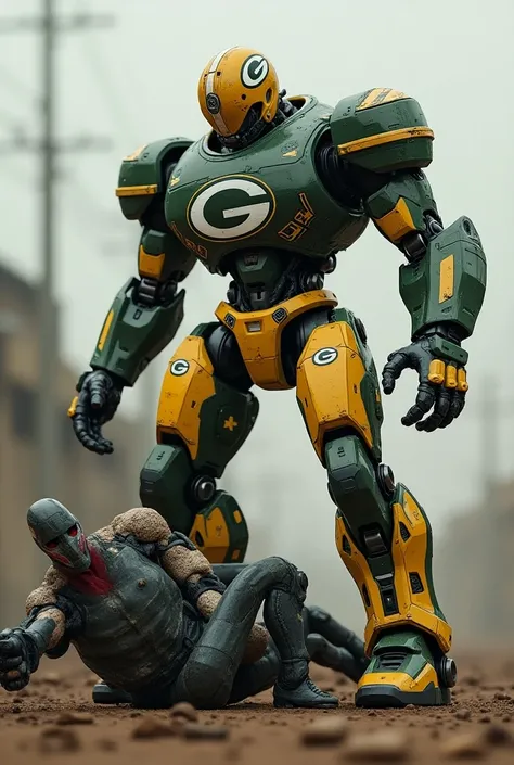 a super detailed futuristic 3D art robot that is green, white and yellow and has the logo of the Greenbay Packers American football team, in addition to an American helmet and crushing a destroyed robot that represents the Houston Texans team, which is blu...