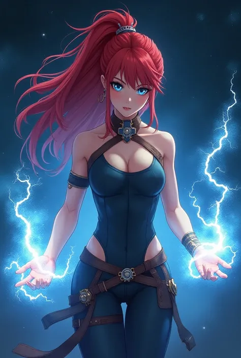 A beautiful woman, anime figure, asthetic figure, muscular body, generating electricity from her hands, red hair and beautiful blue eyes, background space 