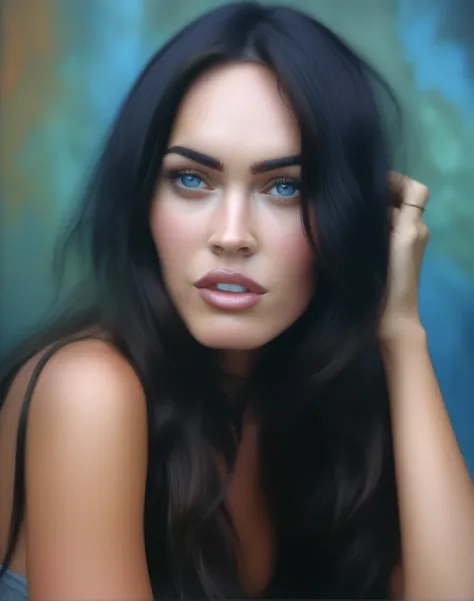 MeganFox, (art by Lawrence Alma-Tadema:0.7) , portrait, Irresistible,close up of a Talented lanky Puerto Rican Female, Sitting, at Midday, Realistic, 800mm lens, Cold Colors, cosmic energy,  