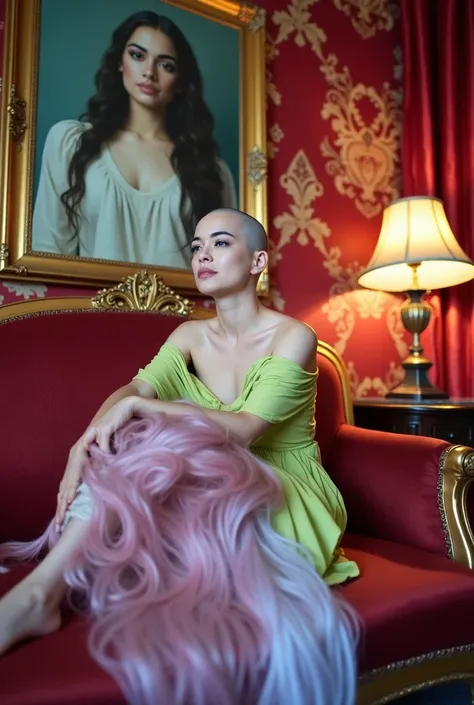 (A woman is longingly looking at the viewer), the scene is a surreal, luxurious image of a woman sitting elegantly on a lavish, baroque-style couch with ornate golden carvings. She is dressed in a flowing, green dress with delicate lace details that catch ...