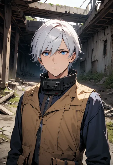 High resolution, accurate human body, ((One man)), 30 years old, sapphire eyes, thin eyes, silvery white hair, (side parted short hair), combatant, looking at me, from the front, bust up, abandoned mine background