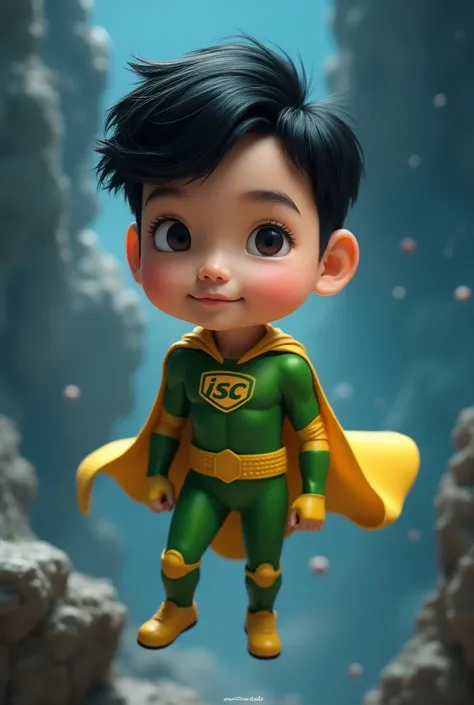 Realistic 4D caricature photo, a teenage boy with an Indonesian face, narrow-eyed,oval face,  20 years old, black Korean hair, wearing a green and yellow superhero costume, in the middle of his chest there is an "ISC" logo, standing floating pose while fac...