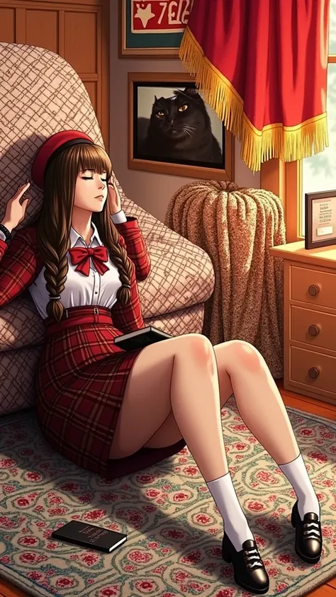 1girl, solo focus, ta fashion, bangs, skirt, brown hair, long sleeves, hat, bow, holding, sitting, closed eyes, braid, shoes, socks, indoors, blunt bangs, bowtie, black footwear, red bow, book, plaid, window, animal, beret, plaid skirt, cat, curtains, whit...