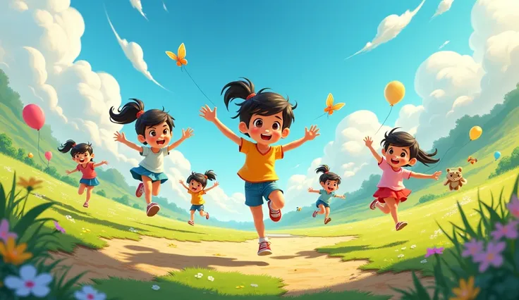 "Create vibrant, playful images of ren running, skipping, and twirling in a fun, adventurous setting. The ren are shown in various energetic poses, laughing and smiling as they explore wide, colorful landscapes. Include scenes of grassy fields, winding tra...