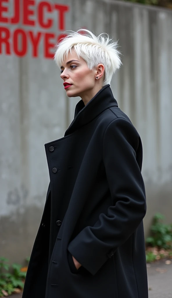 “A beautiful German woman with avant-garde white avant-garde punk style hair, dressed in black overcoat, walks calmly forward, a gentle breeze lightly moves her hair, in the background a concrete wall with the words: EJET PROYECT”, painted in red color