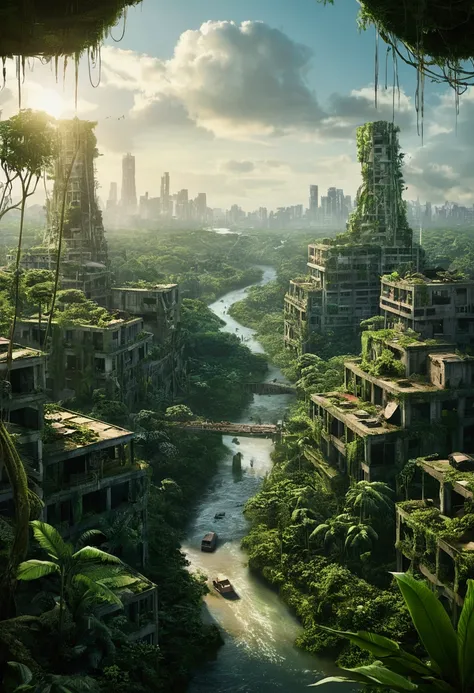 Dystopian city in the middle of the jungle, Written " No Mans Land "