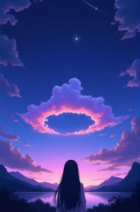 Create a night sky filled with stars and a few scattered, softly glowing clouds in shades of purple and pink. A large, circular cloud formation is prominently featured near the center of the sky. There is also a shooting star visible. The landscape below i...