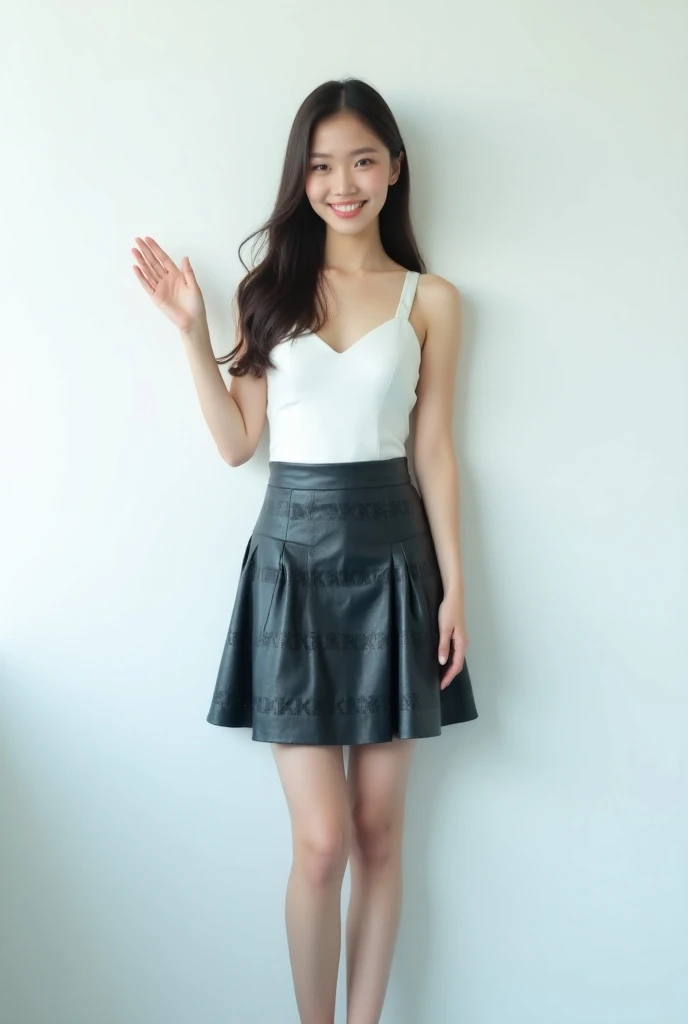 A beautiful lady, asian, Japanese, Long hair, Low height, turning a round in front of white wall in a new office with light blue carpet, Wearing a white camisole, Wearing a shiny black leather flare skirt knee length, a repeat bold text “KKXXKKXX” in white...