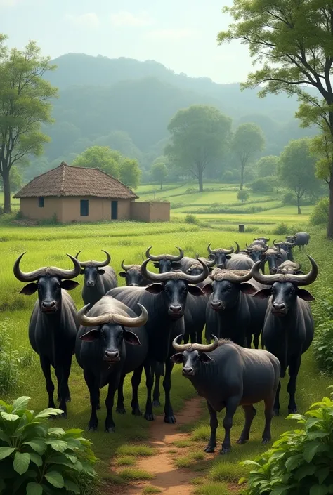 Diary farm in punjab with buffalo realistic image with calfs