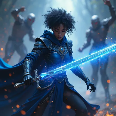 best quality,4K,8k,highres,masterpiece:1.2,ultra-detailed,realistic,photorealistic,photo-realistic:1.37,HDR,UHD,studio lighting,ultra-fine painting.  A beautiful black magical warrior with short curly hair, attacking an evil enemy , she is wearing black an...