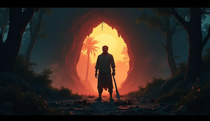 Generate 3d animated image of Indian deep deadly forest sealout shot shadow  a man looks like power star Pawan Kalyan and standing with wooden fire stick in a dangerous cave and skeletons and blood only shadow image  in sunset 