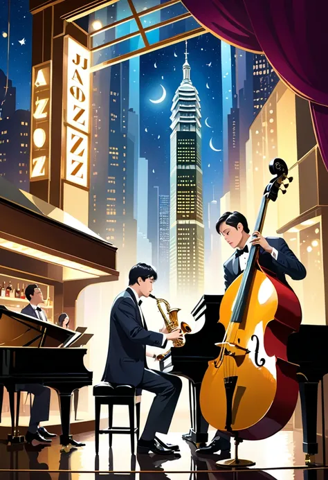 Detailed description required 、Hong Kong jazz bar with a beautiful night view 、This bar has a glass ceiling、周囲もガラス張り、Dimly lit interior、It&#39;s raining outside、The piano has glass all around １tower、 A man is playing standard jazz on the piano、A few other ...