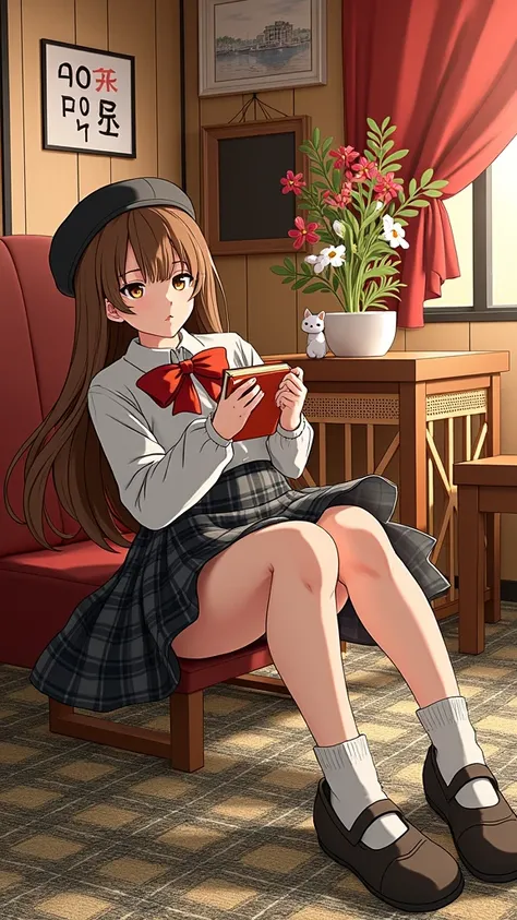 1girl, solo focus, ta fashion, bangs, skirt, brown hair, long sleeves, hat, bow, holding, sitting, braid, shoes, socks, indoors, blunt bangs, bowtie, black footwear, red bow, book, plaid, window, animal, beret, plaid skirt, cat, curtains, white socks, red ...