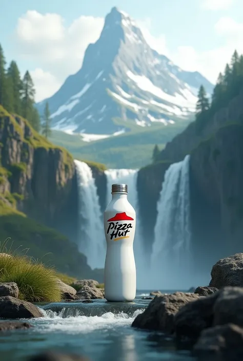 Create a water bottle in mountain with water fall and label with Pizza Hut 