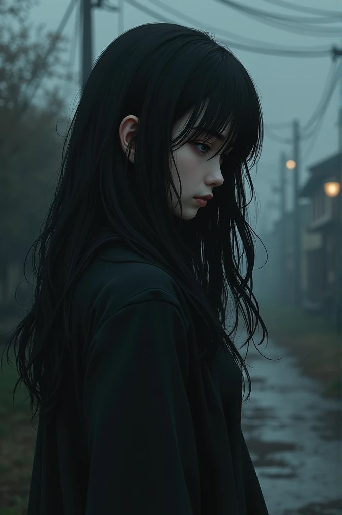 A dark-haired girl stops